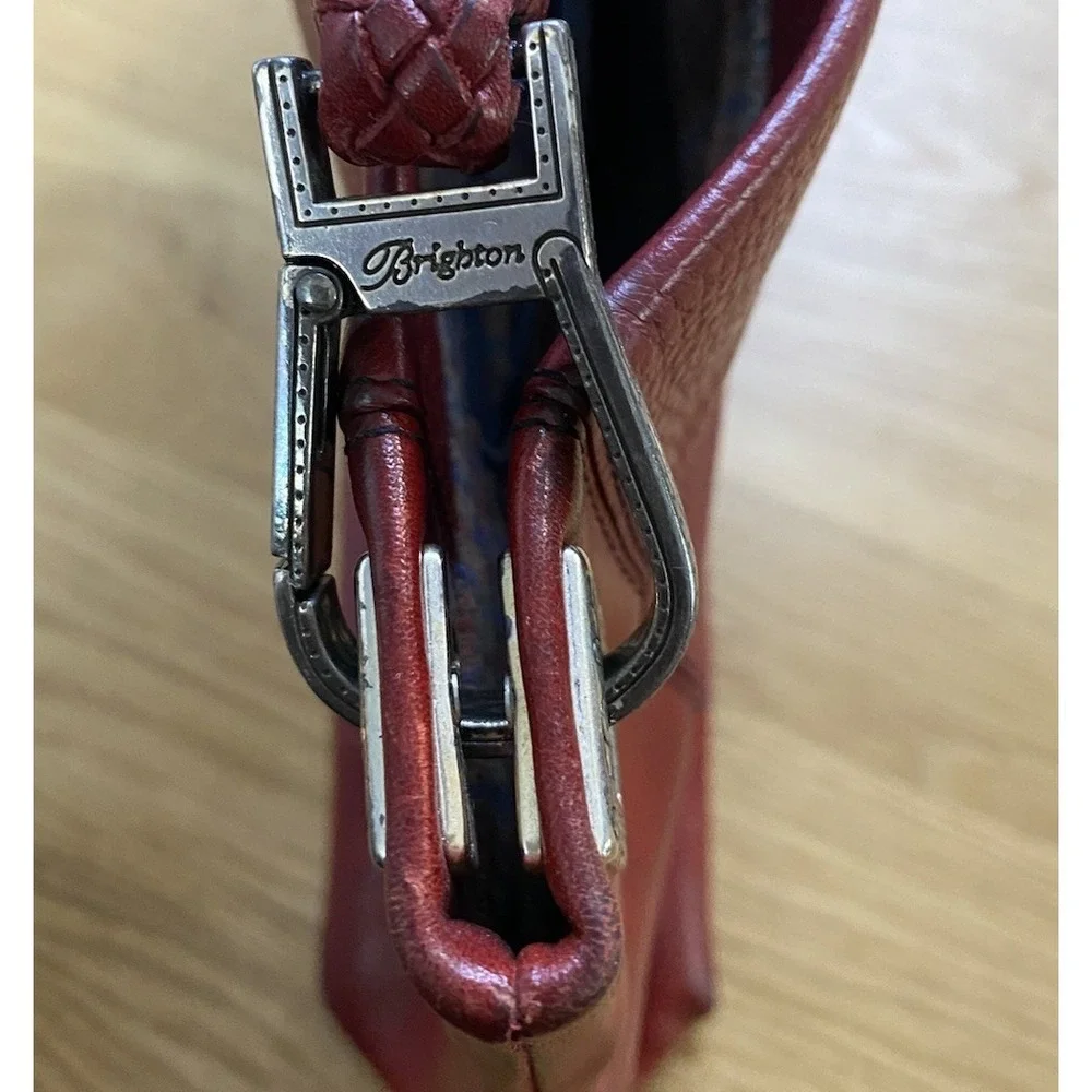 Vintage Brighton Charlotte Red Leather Shoulder Bag Braided‎ Strap Silver